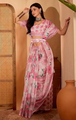 Pink linen floral printed casual saree with blouse piece 3