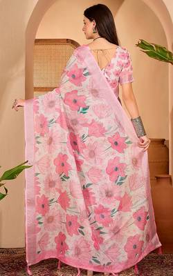Pink linen floral printed casual saree with blouse piece 4