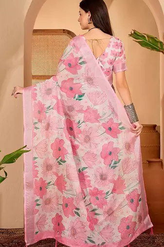 Pink linen floral printed casual saree with blouse piece