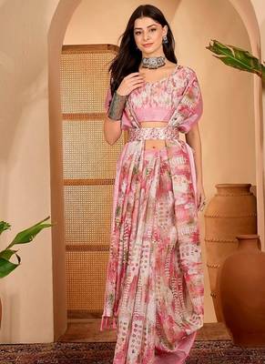 Pink linen floral printed casual saree with blouse piece 1