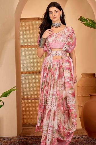 Pink linen floral printed casual saree with blouse piece