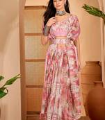 Pink linen floral printed casual saree with blouse piece
