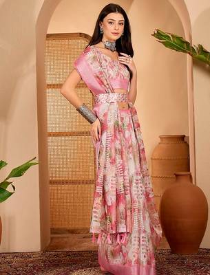 Pink linen floral printed casual saree with blouse piece 2