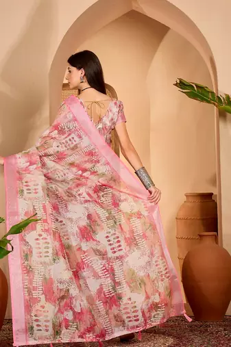 Pink linen floral printed casual saree with blouse piece