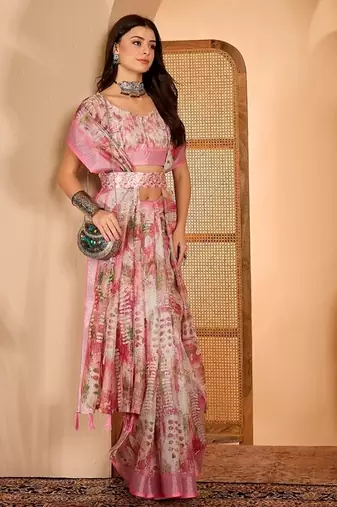 Pink linen floral printed casual saree with blouse piece
