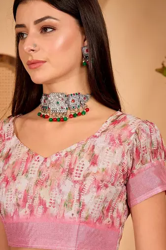 Pink linen floral printed casual saree with blouse piece