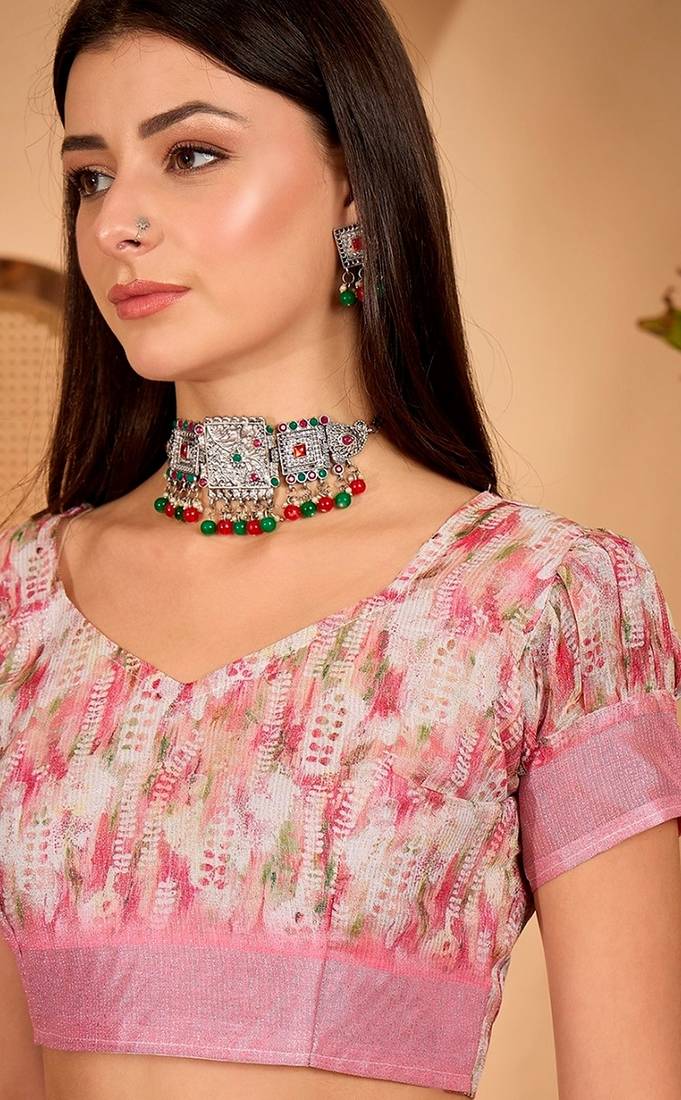Pink linen floral printed casual saree with blouse piece