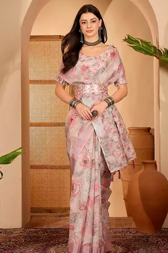 Peach linen floral printed casual saree with blouse piece