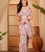 Peach linen floral printed casual saree with blouse piece