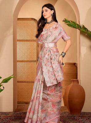 Peach linen floral printed casual saree with blouse piece 2