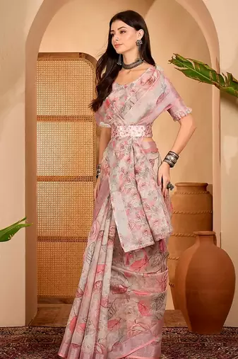 Peach linen floral printed casual saree with blouse piece