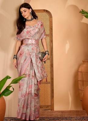 Peach linen floral printed casual saree with blouse piece 3