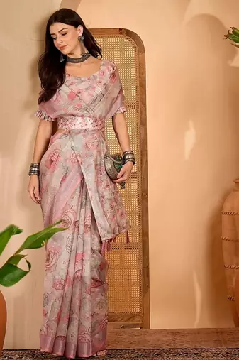 Peach linen floral printed casual saree with blouse piece