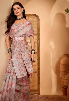 Peach linen floral printed casual saree with blouse piece 4
