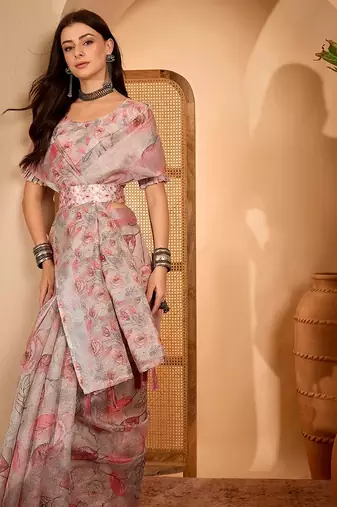 Peach linen floral printed casual saree with blouse piece