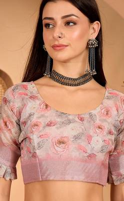 Peach linen floral printed casual saree with blouse piece 5