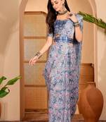 Blue linen floral printed casual saree with blouse piece