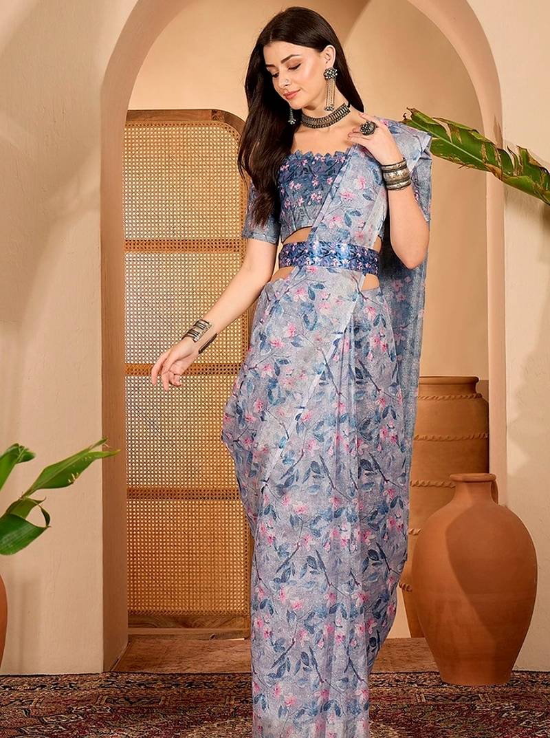 Blue linen floral printed casual saree with blouse piece