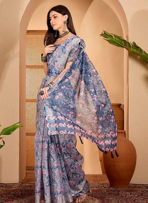 Blue linen floral printed casual saree with blouse piece 2