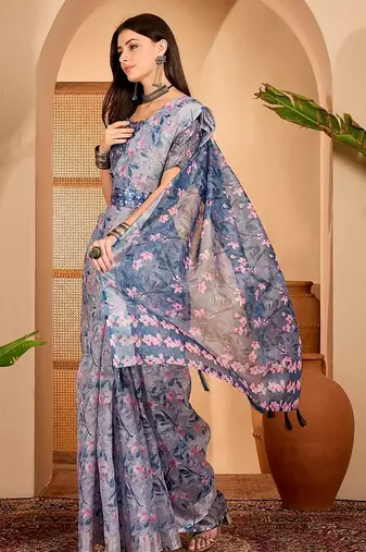 Blue linen floral printed casual saree with blouse piece