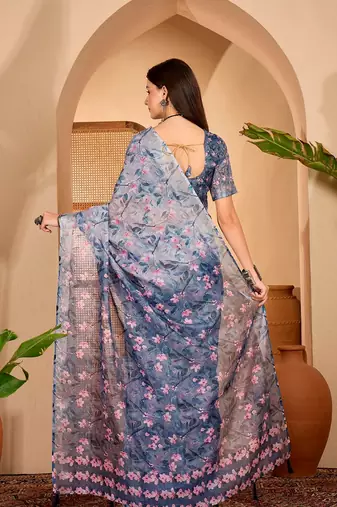 Blue linen floral printed casual saree with blouse piece