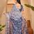 Blue linen floral printed casual saree with blouse piece