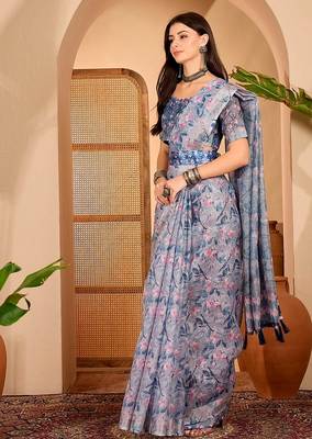 Blue linen floral printed casual saree with blouse piece 4