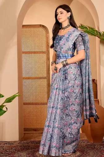 Blue linen floral printed casual saree with blouse piece