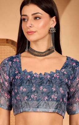 Blue linen floral printed casual saree with blouse piece 5