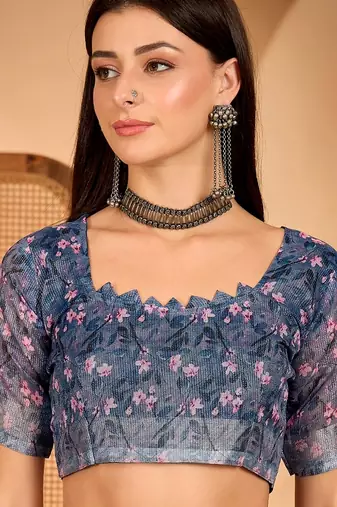 Blue linen floral printed casual saree with blouse piece