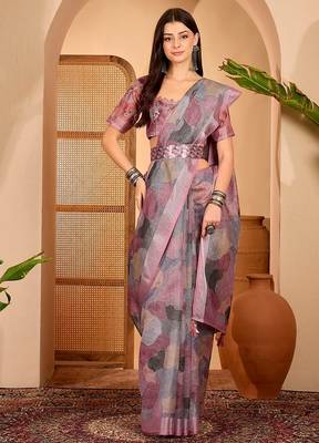 Pink linen geometric printed casual saree with blouse piece 1