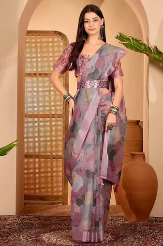 Pink linen geometric printed casual saree with blouse piece
