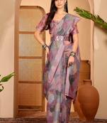 Pink linen geometric printed casual saree with blouse piece