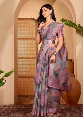 Pink linen geometric printed casual saree with blouse piece 2