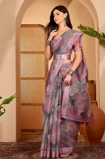 Pink linen geometric printed casual saree with blouse piece