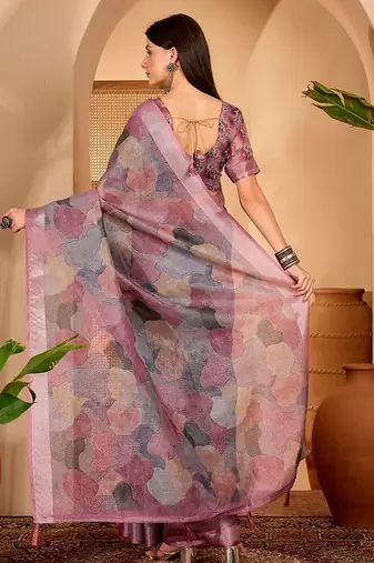 Pink linen geometric printed casual saree with blouse piece