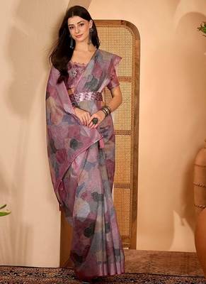 Pink linen geometric printed casual saree with blouse piece 4