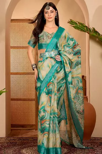 Green linen floral printed casual saree with blouse piece