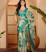 Green linen floral printed casual saree with blouse piece