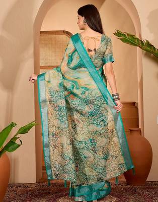 Green linen floral printed casual saree with blouse piece 2