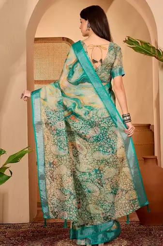 Green linen floral printed casual saree with blouse piece