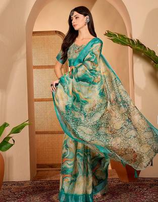 Green linen floral printed casual saree with blouse piece 3