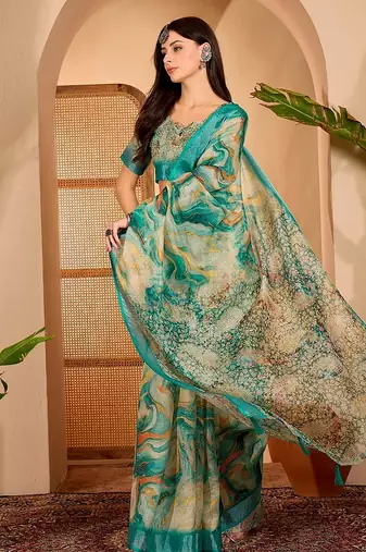 Green linen floral printed casual saree with blouse piece