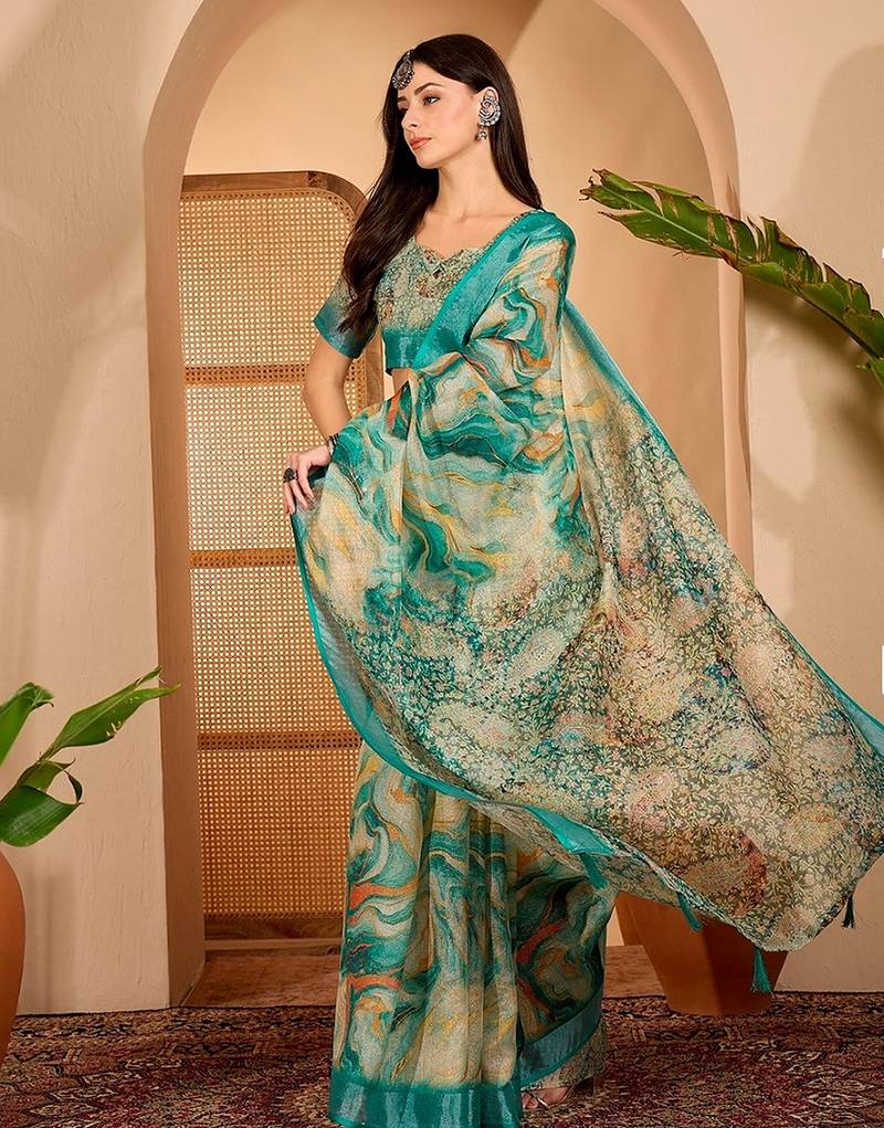Green linen floral printed casual saree with blouse piece