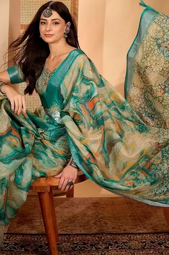 Green linen floral printed casual saree with blouse piece