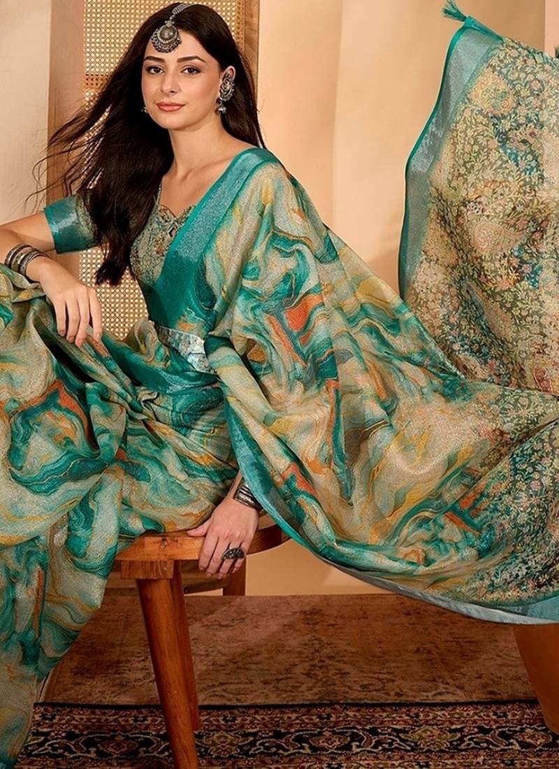 Green linen floral printed casual saree with blouse piece