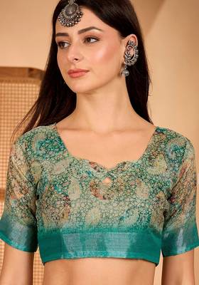 Green linen floral printed casual saree with blouse piece 5