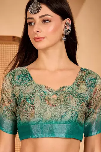 Green linen floral printed casual saree with blouse piece