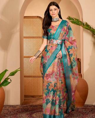 Teal linen floral printed casual saree with blouse piece 1