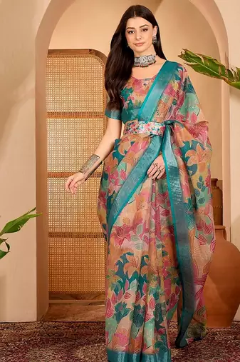 Teal linen floral printed casual saree with blouse piece